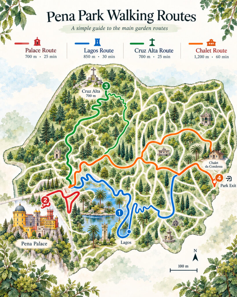 Illustrated Pena Park walking routes map showing Lagos Route, Pena Palace, Cruz Alta, Chalet of the Countess of Edla, and park exit in Sintra.