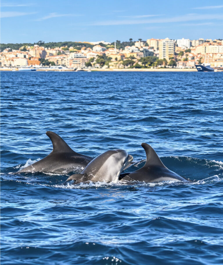 Three bottlenose dolphins swimming together in the Sado Estuary, with Setúbal's waterfront and colourful buildings in the background, Portugal.