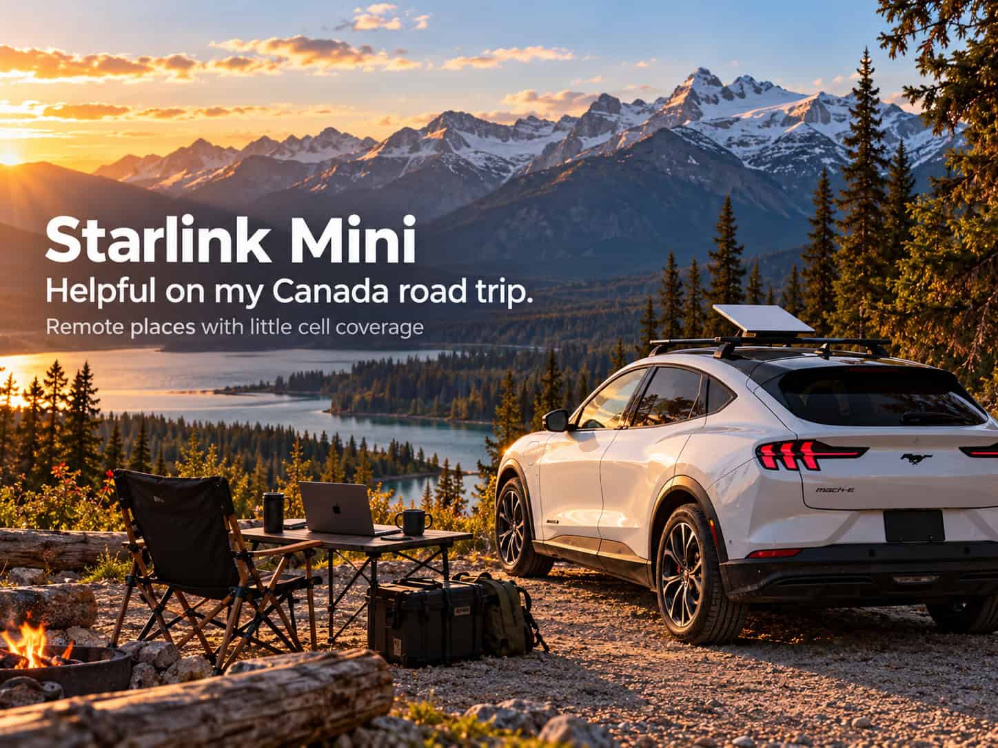 Starlink Mini used during a Canada road trip with a Mustang Mach-E in the mountains