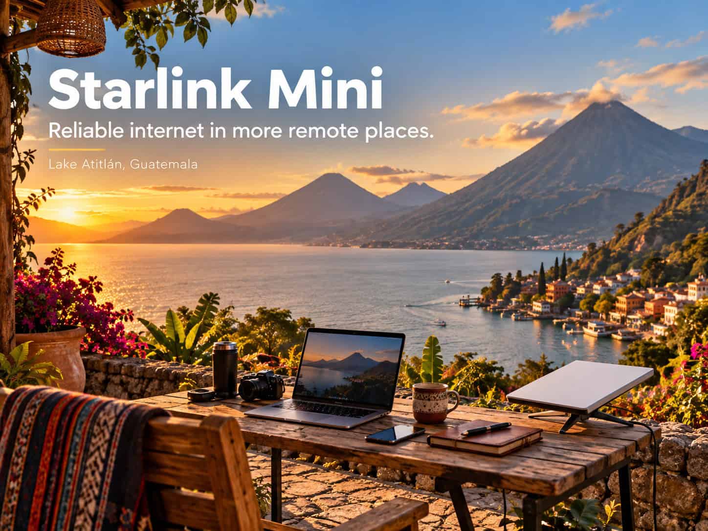 Starlink Mini setup for remote work overlooking Lake Atitlán in Guatemala