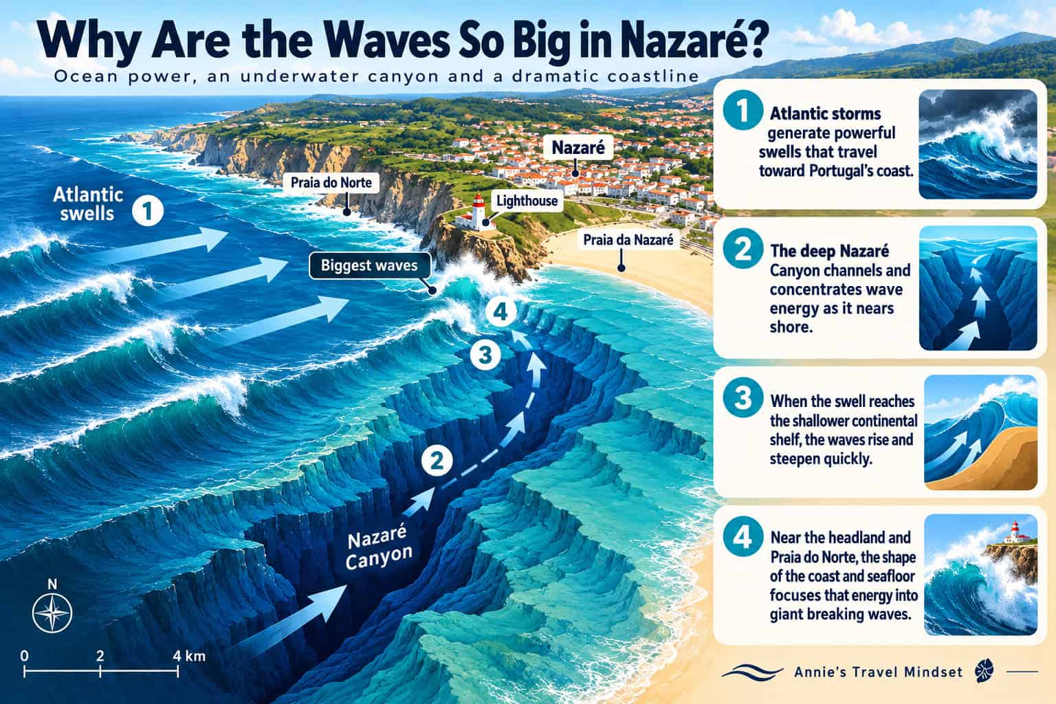 Infographic explaining how Atlantic swells interact with the deep Nazaré Canyon to create giant waves near Praia do Norte in Portugal